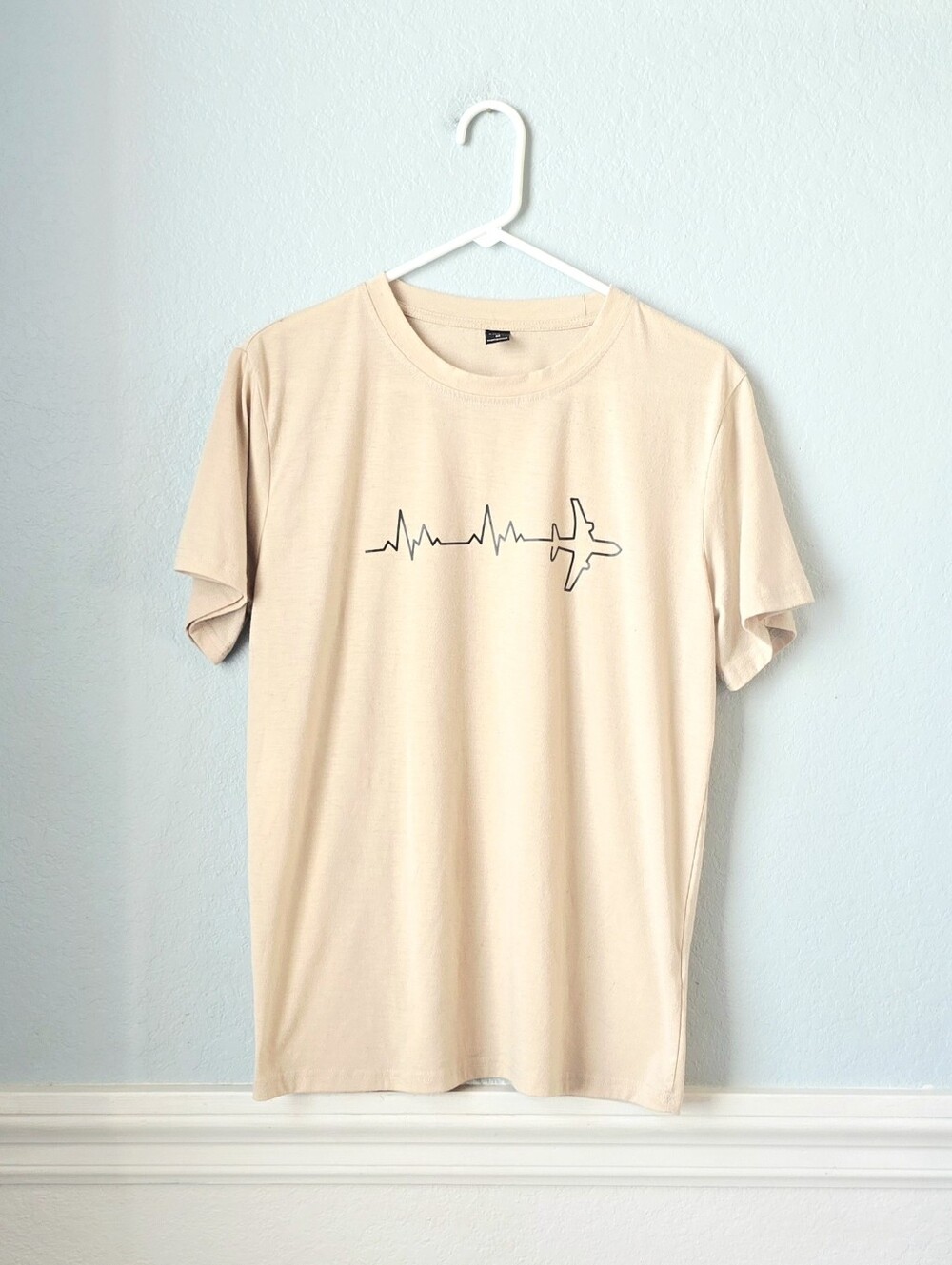 Men's Beige Short Sleeve Tee w Airplane Heartbeat Graphic *Pilot Airman Flyer*